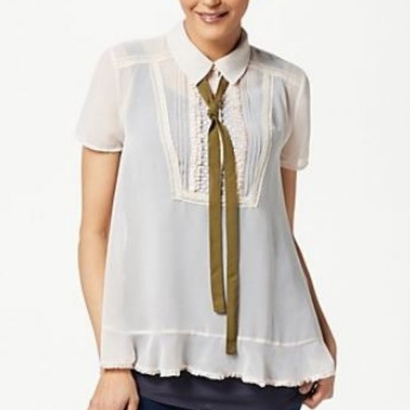 LOGO by Lori Goldstein Tops - LOGO Sheer Crepe Chiffon Blouse with Neck Tie 4830
